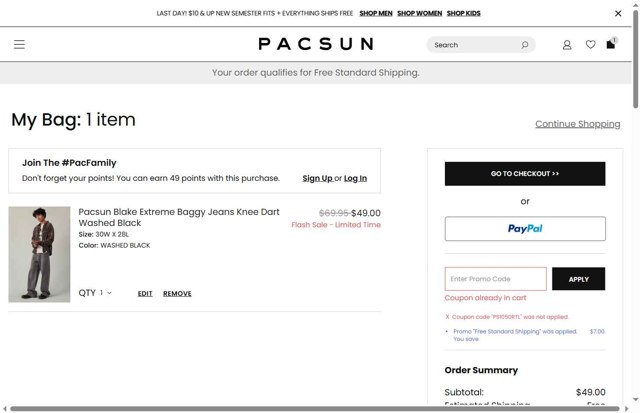PacSun checkout page showing PacSun promo code box | Screenshot taken by SimplyCodes community member on Aug 26, 2025
