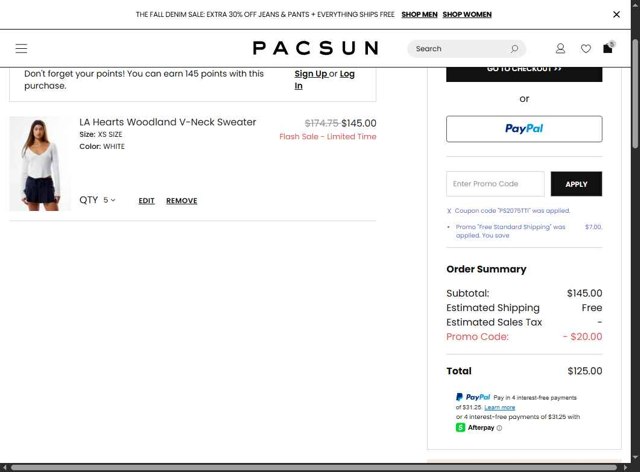 PacSun checkout page showing PacSun promo code box | Screenshot taken by SimplyCodes community member on Aug 25, 2025
