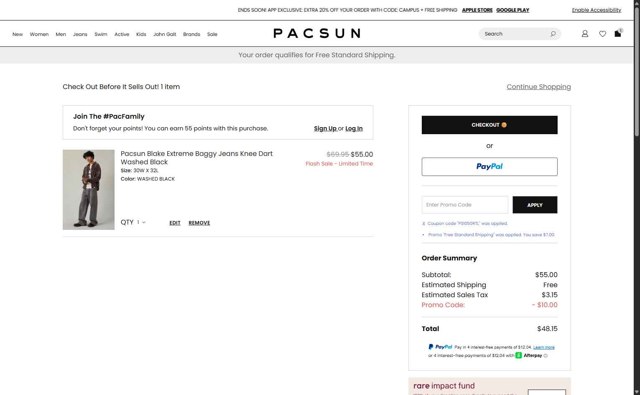 PacSun checkout page showing PacSun promo code box | Screenshot taken by SimplyCodes community member on Aug 19, 2025