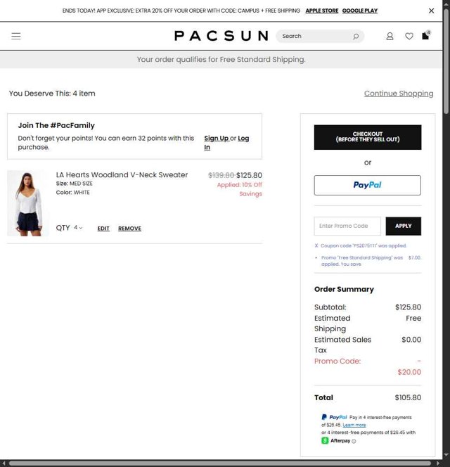 PacSun checkout page showing PacSun promo code box | Screenshot taken by SimplyCodes community member on Aug 21, 2025