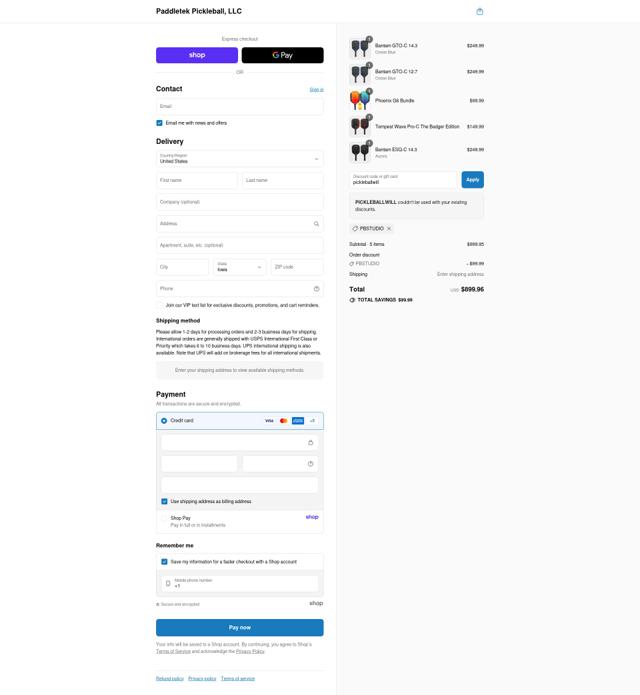 Paddletek checkout page showing Paddletek discount code box | Screenshot taken by SimplyCodes community member on Sep 10, 2025