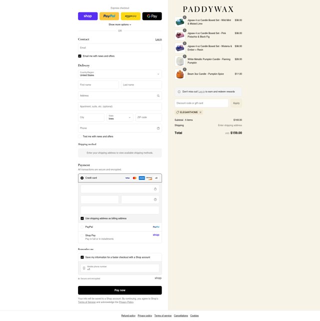 Paddywax checkout page showing Paddywax coupon code box | Screenshot taken by SimplyCodes community member on Sep 4, 2025