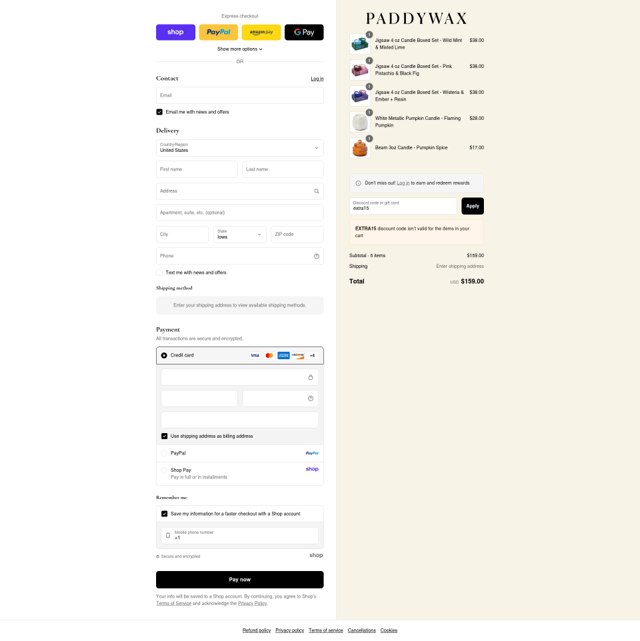 Paddywax checkout page showing Paddywax coupon code box | Screenshot taken by SimplyCodes community member on Sep 4, 2025