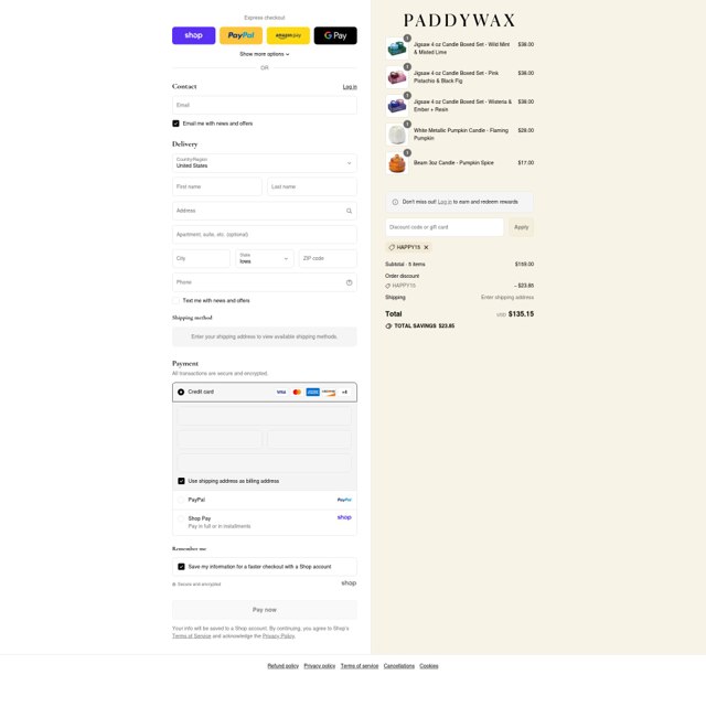 Paddywax checkout page showing Paddywax coupon code box | Screenshot taken by SimplyCodes community member on Sep 4, 2025