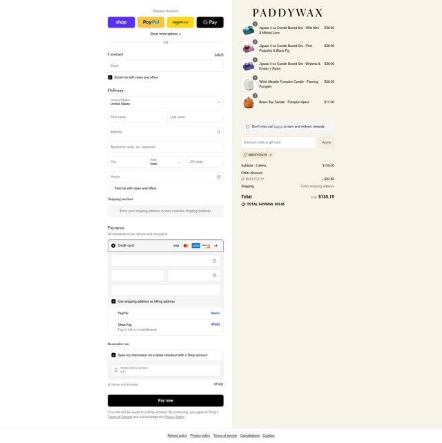 Paddywax checkout page showing Paddywax coupon code box | Screenshot taken by SimplyCodes community member on Sep 4, 2025
