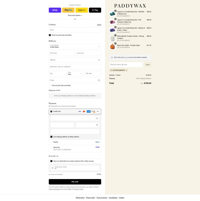 Paddywax checkout page showing Paddywax coupon code box | Screenshot taken by SimplyCodes community member on Sep 4, 2025