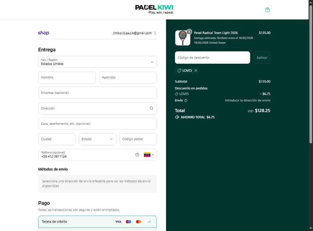 Padel Kiwi US checkout page showing Padel Kiwi US promo code box | Screenshot taken by SimplyCodes community member on Feb 10, 2026