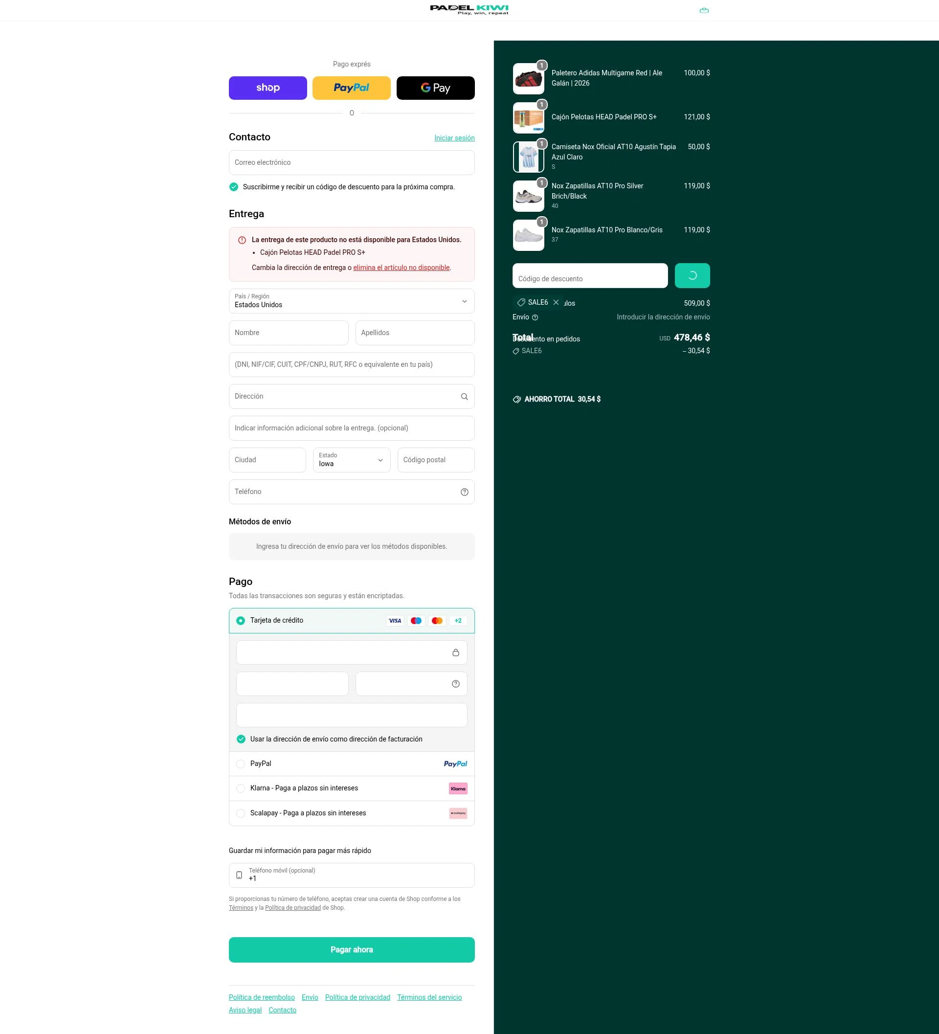 Padel Kiwi US checkout page showing Padel Kiwi US promo code box | Screenshot taken by SimplyCodes community member on Feb 1, 2026