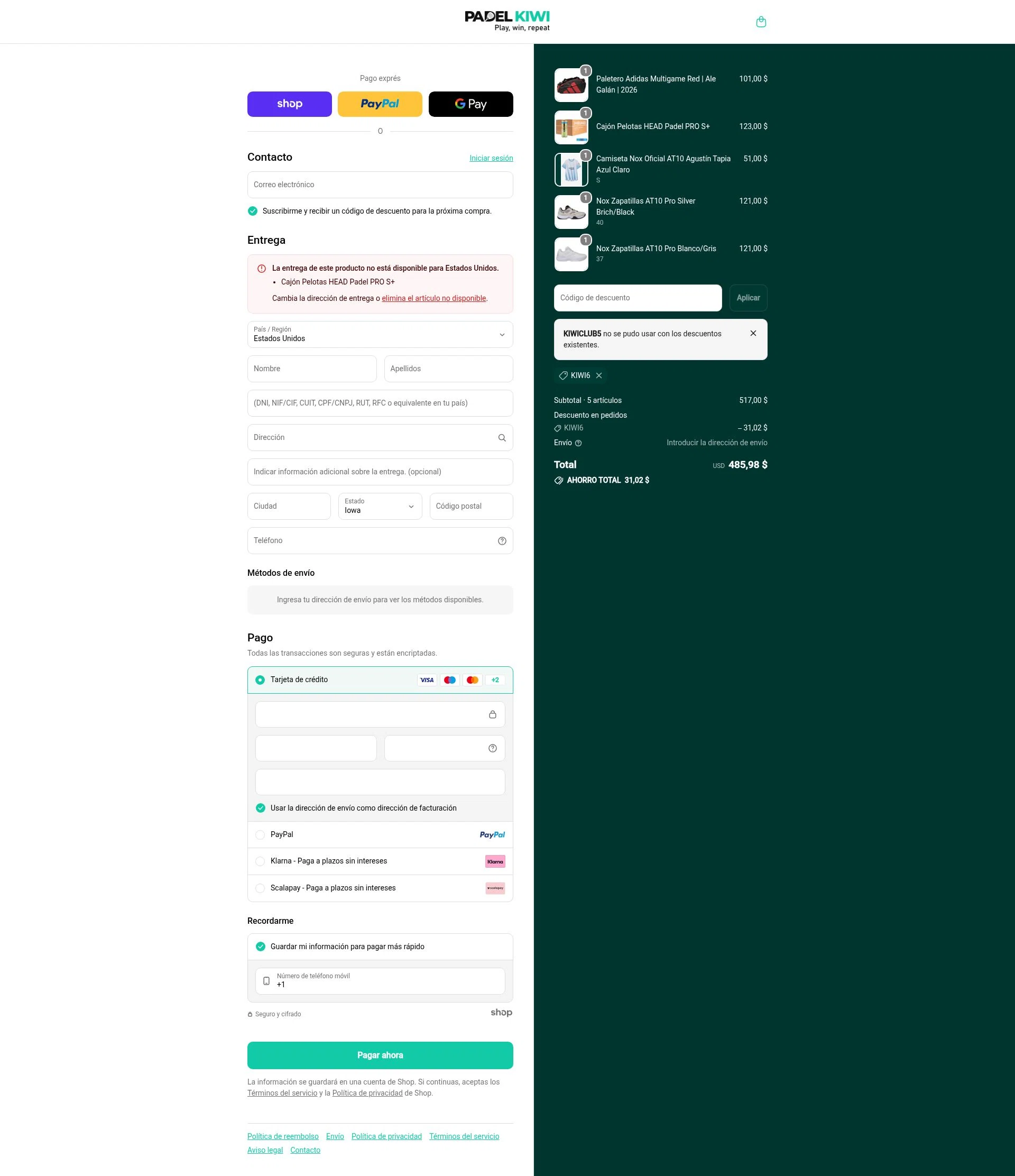 Padel Kiwi US checkout page showing Padel Kiwi US promo code box | Screenshot taken by SimplyCodes community member on Jan 28, 2026