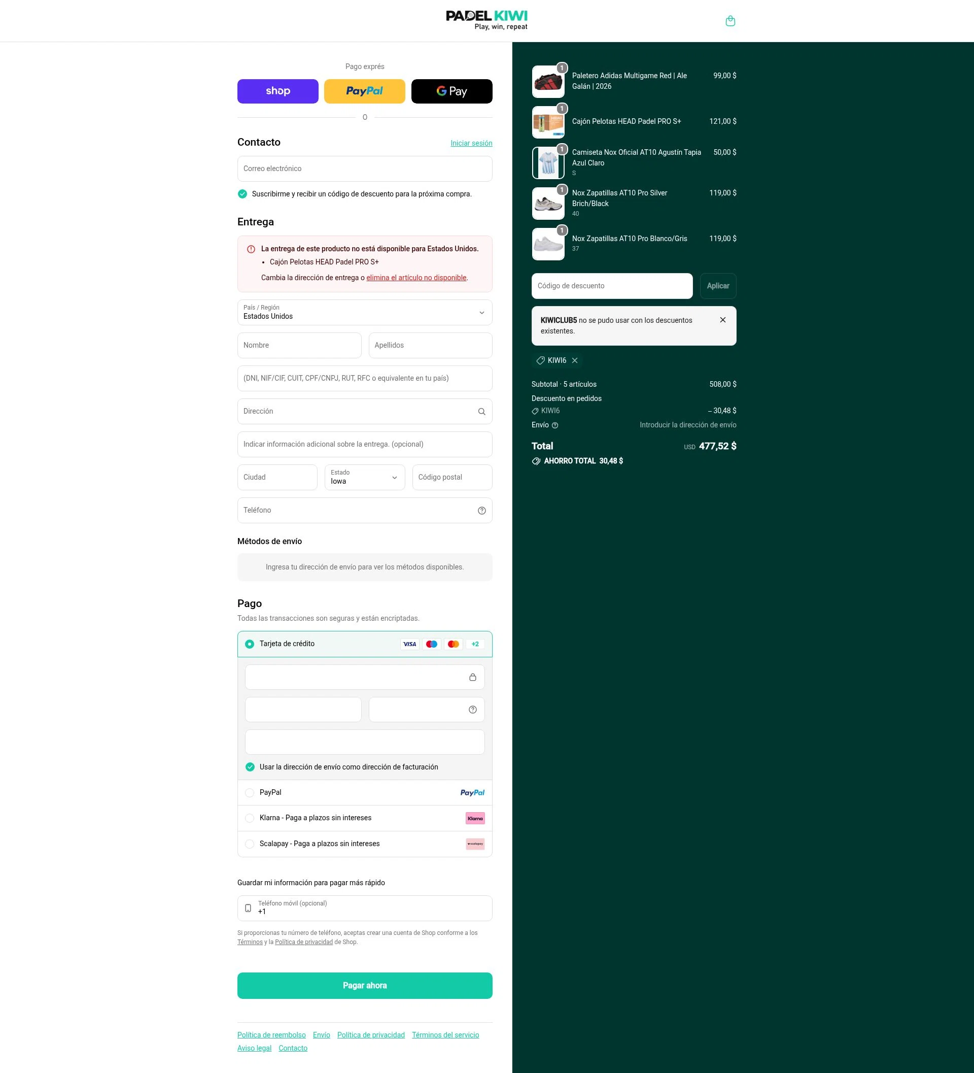 Padel Kiwi US checkout page showing Padel Kiwi US promo code box | Screenshot taken by SimplyCodes community member on Feb 6, 2026