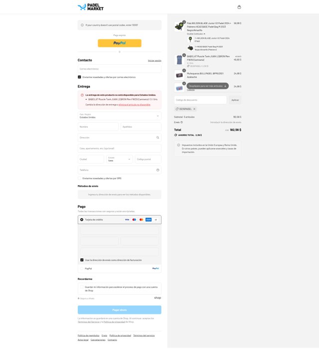 Padel Market checkout page showing Padel Market discount code box | Screenshot taken by SimplyCodes community member on Sep 8, 2025