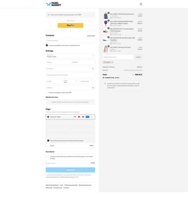 Padel Market checkout page showing Padel Market discount code box | Screenshot taken by SimplyCodes community member on Sep 4, 2025
