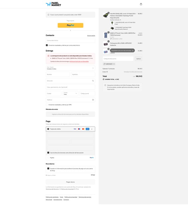 Padel Market checkout page showing Padel Market discount code box | Screenshot taken by SimplyCodes community member on Sep 8, 2025