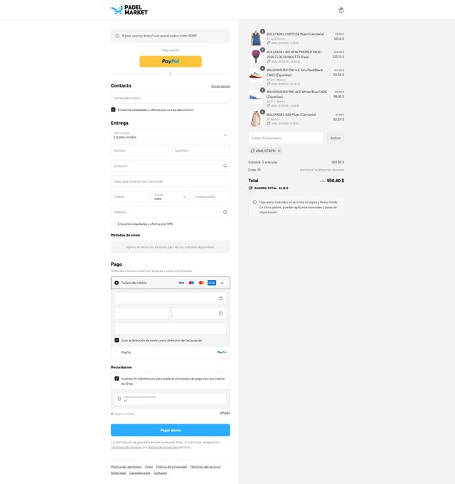 Padel Market checkout page showing Padel Market discount code box | Screenshot taken by SimplyCodes community member on Sep 4, 2025