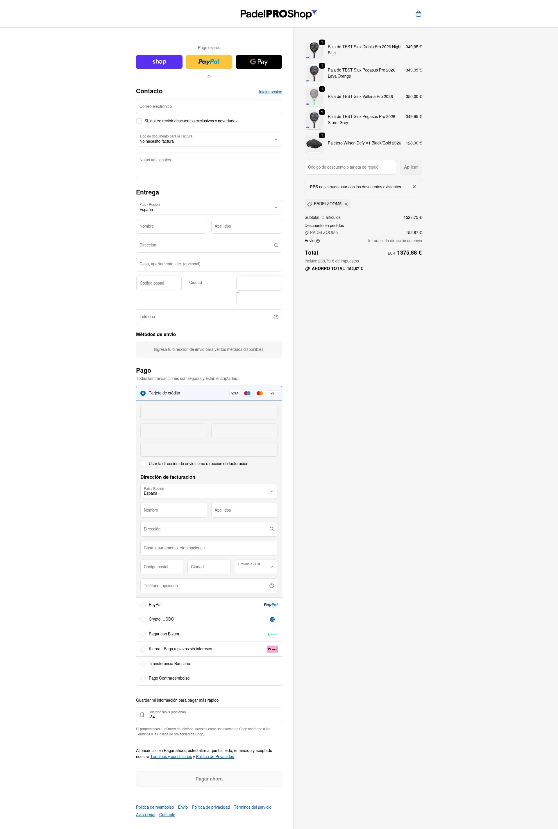 Padel Pro Shop checkout page showing Padel Pro Shop discount code box | Screenshot taken by SimplyCodes community member on Feb 14, 2026