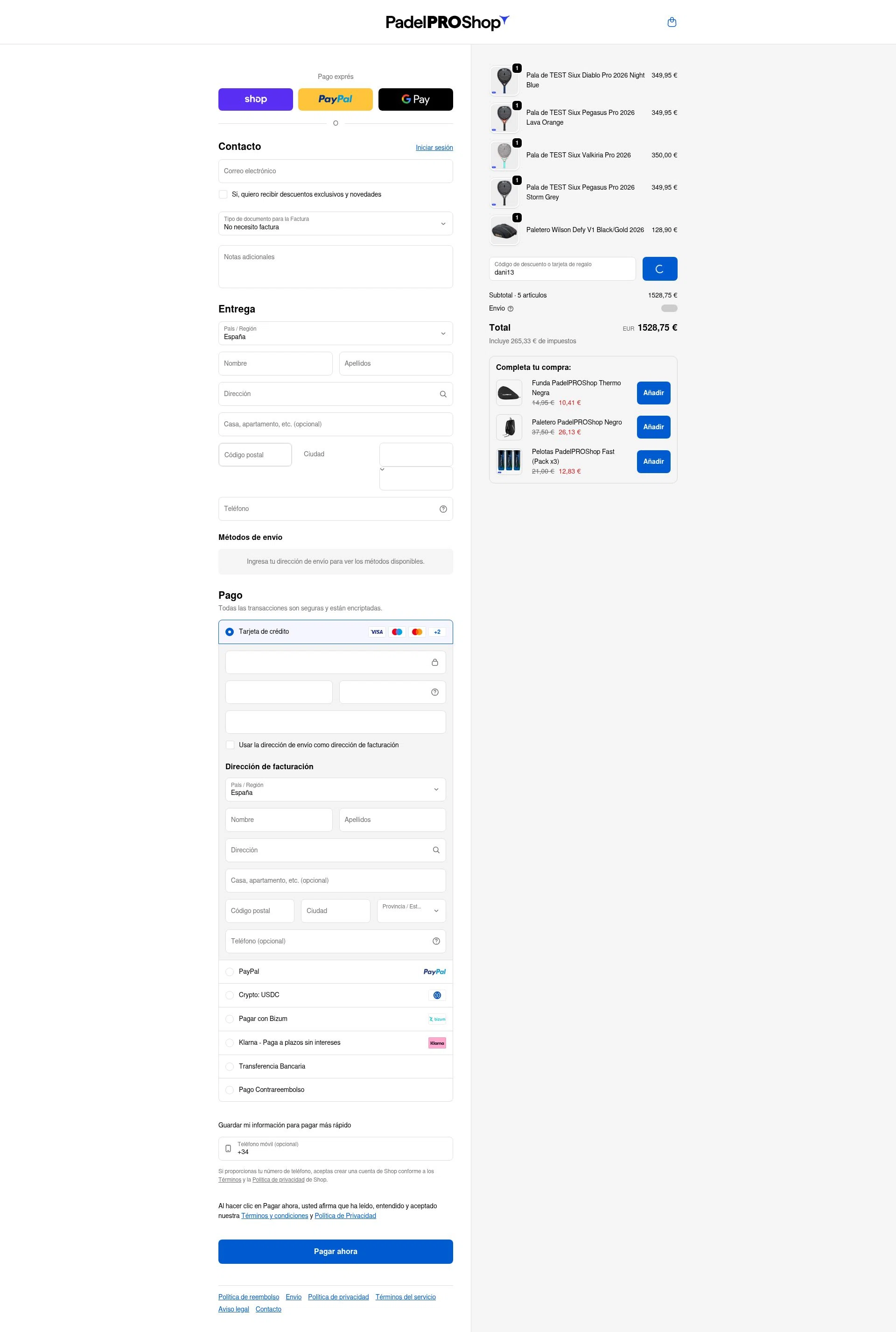 Padel Pro Shop checkout page showing Padel Pro Shop discount code box | Screenshot taken by SimplyCodes community member on Feb 14, 2026