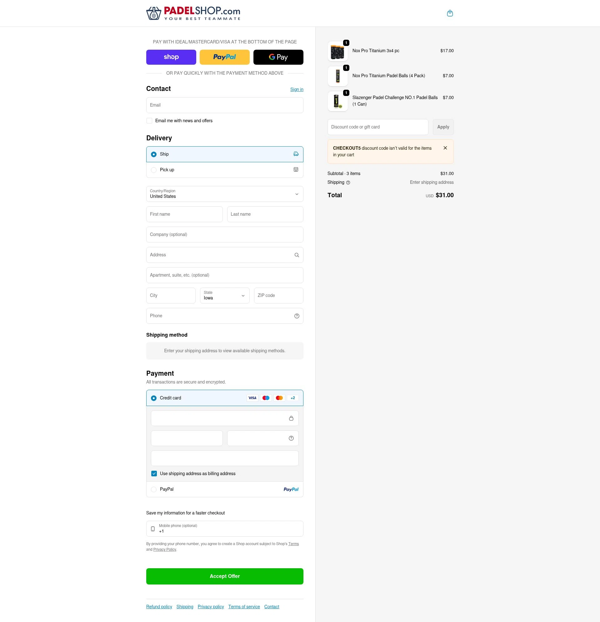 PadelShop.com checkout page showing PadelShop.com promo code box | Screenshot taken by SimplyCodes community member on Feb 9, 2026