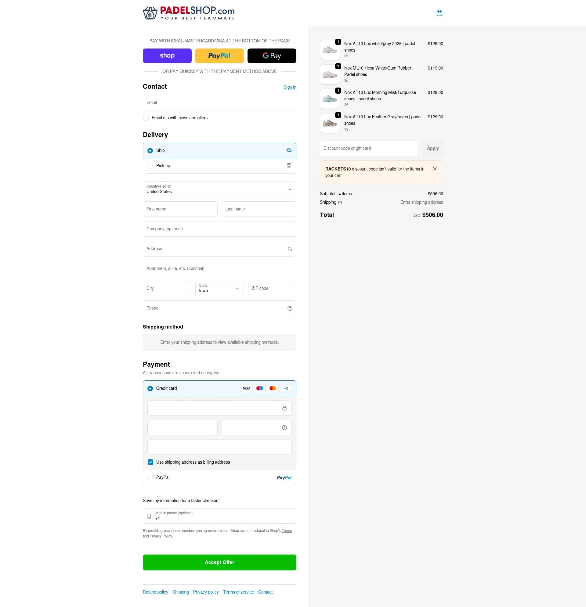 PadelShop.com checkout page showing PadelShop.com promo code box | Screenshot taken by SimplyCodes community member on Feb 13, 2026
