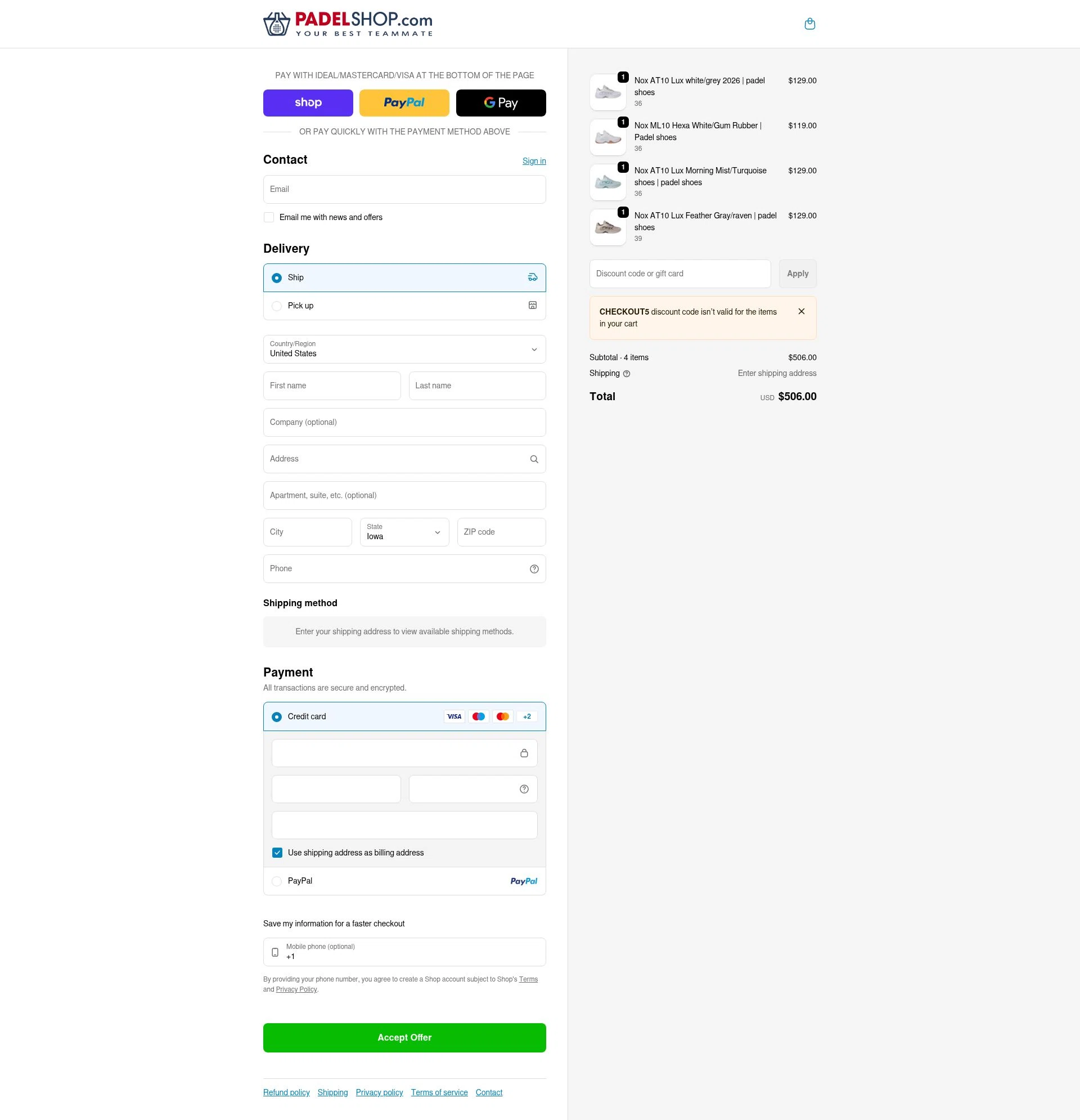 PadelShop.com checkout page showing PadelShop.com promo code box | Screenshot taken by SimplyCodes community member on Feb 18, 2026