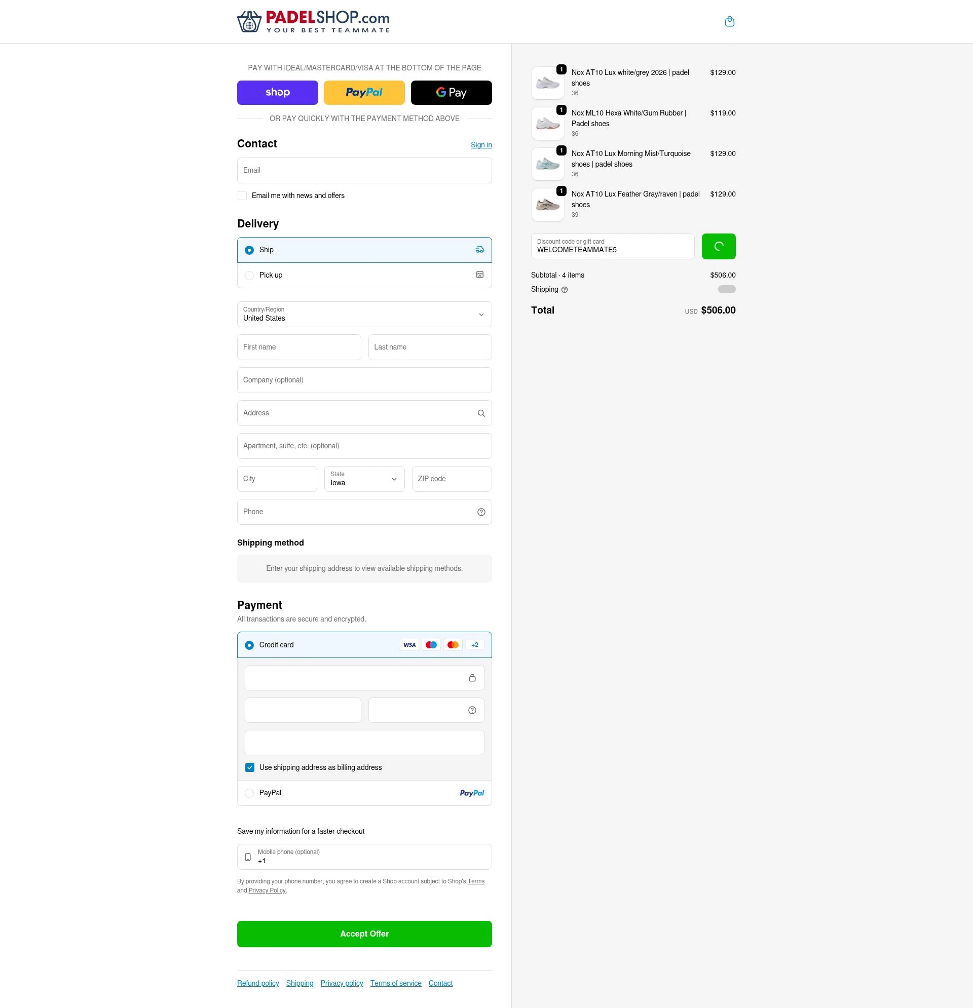 PadelShop.com checkout page showing PadelShop.com promo code box | Screenshot taken by SimplyCodes community member on Feb 18, 2026