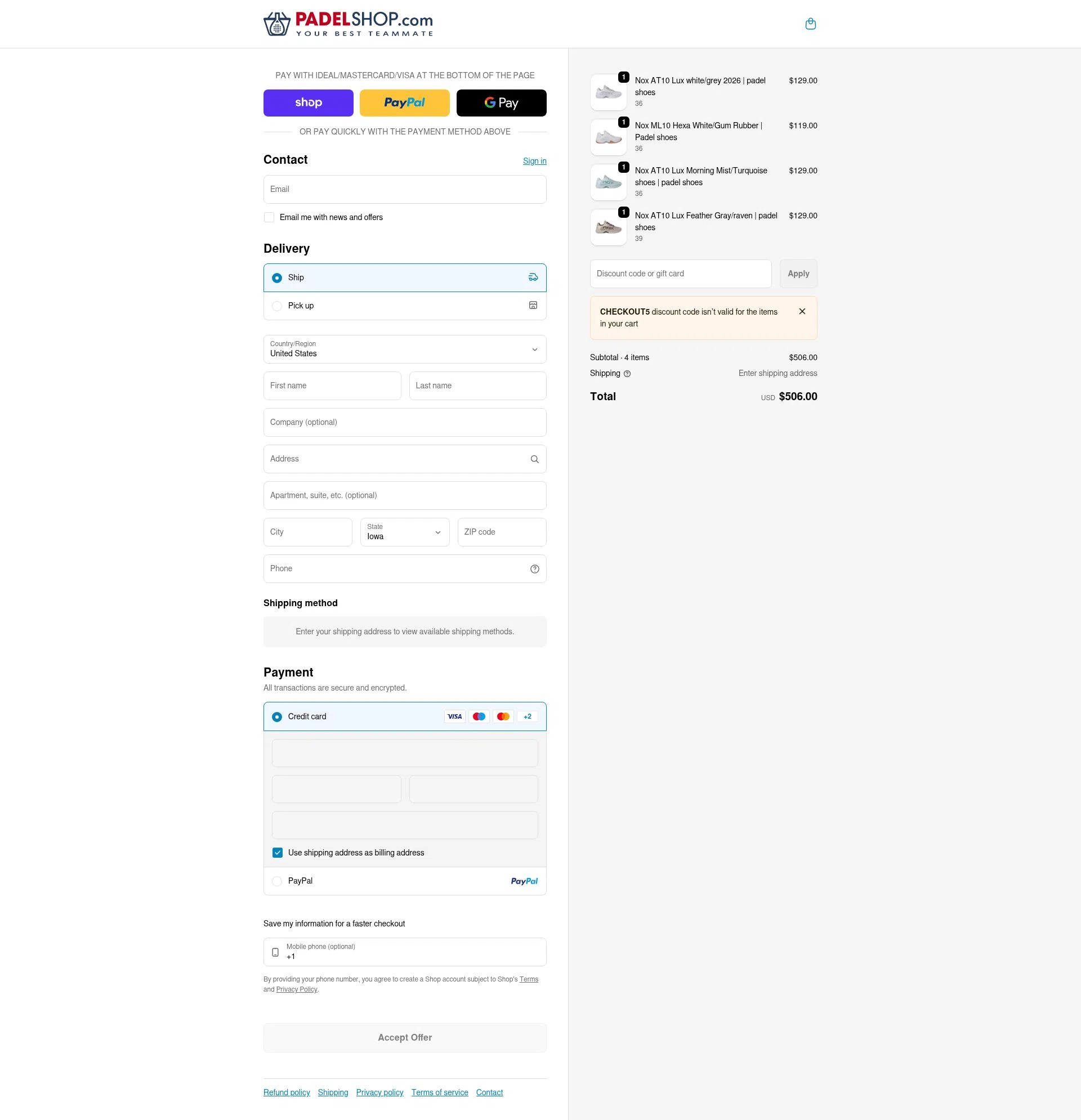 PadelShop.com checkout page showing PadelShop.com promo code box | Screenshot taken by SimplyCodes community member on Feb 13, 2026