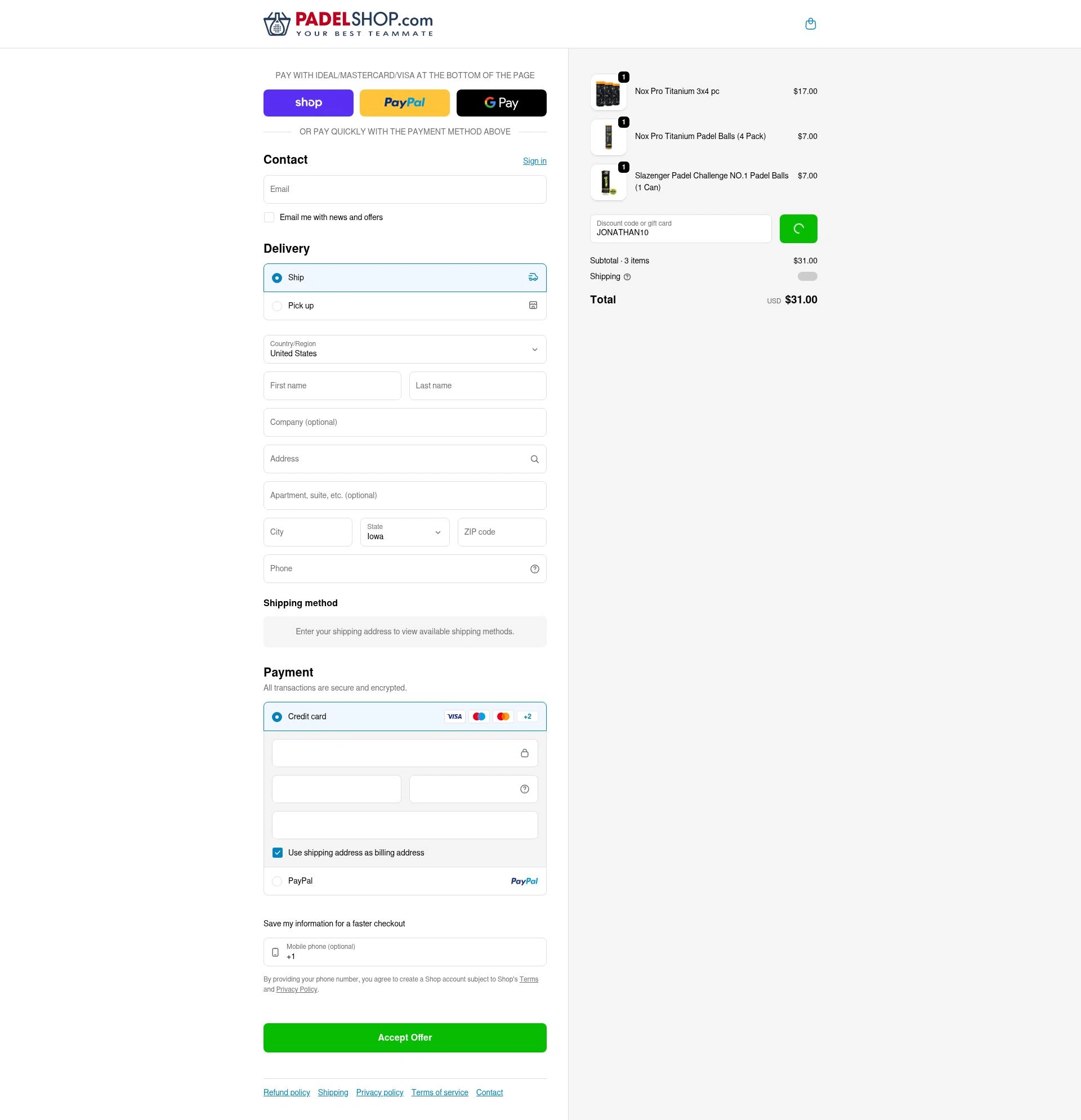 PadelShop.com checkout page showing PadelShop.com promo code box | Screenshot taken by SimplyCodes community member on Feb 9, 2026