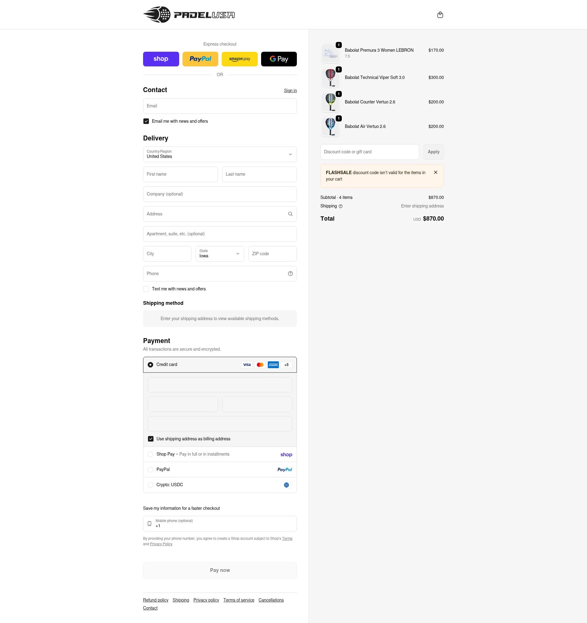 Padel USA checkout page showing Padel USA discount code box | Screenshot taken by SimplyCodes community member on Feb 13, 2026