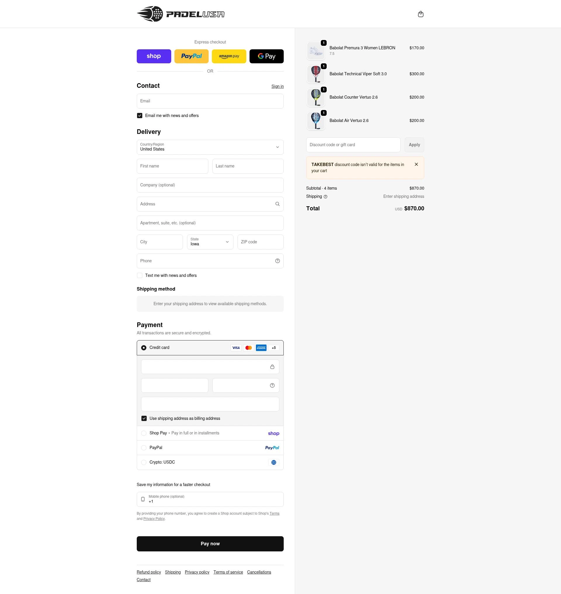 Padel USA checkout page showing Padel USA discount code box | Screenshot taken by SimplyCodes community member on Feb 13, 2026