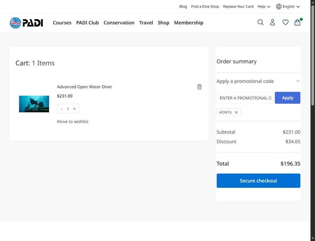 PADI checkout page showing PADI promo code box | Screenshot taken by SimplyCodes community member on Sep 5, 2025