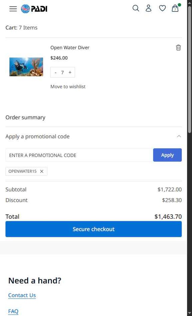 PADI checkout page showing PADI promo code box | Screenshot taken by SimplyCodes community member on Aug 21, 2025