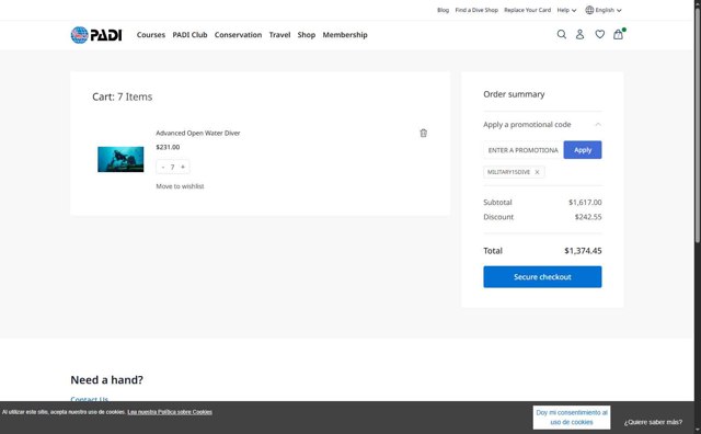 PADI checkout page showing PADI promo code box | Screenshot taken by SimplyCodes community member on Aug 15, 2025