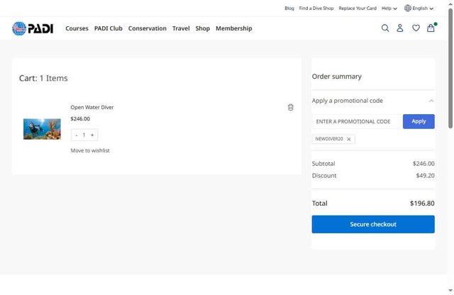PADI checkout page showing PADI promo code box | Screenshot taken by SimplyCodes community member on Aug 18, 2025