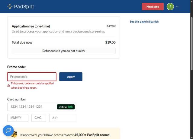 PadSplit checkout page showing PadSplit promo code box | Screenshot taken by SimplyCodes community member on Aug 14, 2025