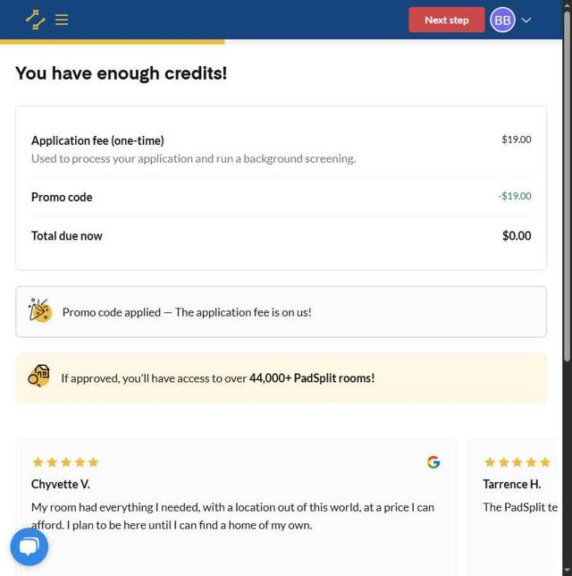 PadSplit checkout page showing PadSplit promo code box | Screenshot taken by SimplyCodes community member on Jul 31, 2025