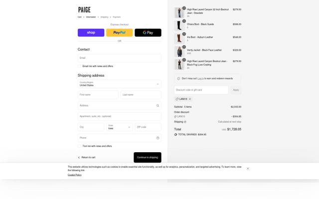 Paige checkout page showing Paige promo code box | Screenshot taken by SimplyCodes community member on Sep 11, 2025