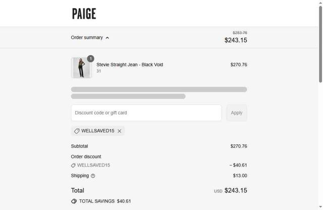 Paige checkout page showing Paige promo code box | Screenshot taken by SimplyCodes community member on Sep 8, 2025