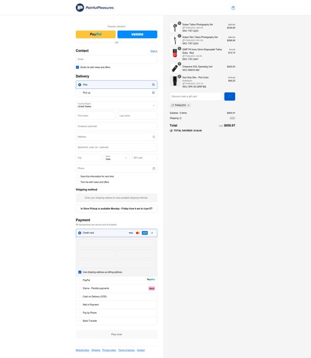 Painful Pleasures checkout page showing Painful Pleasures discount code box | Screenshot taken by SimplyCodes community member on Sep 14, 2025