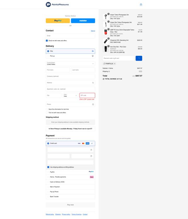 Painful Pleasures checkout page showing Painful Pleasures discount code box | Screenshot taken by SimplyCodes community member on Sep 14, 2025