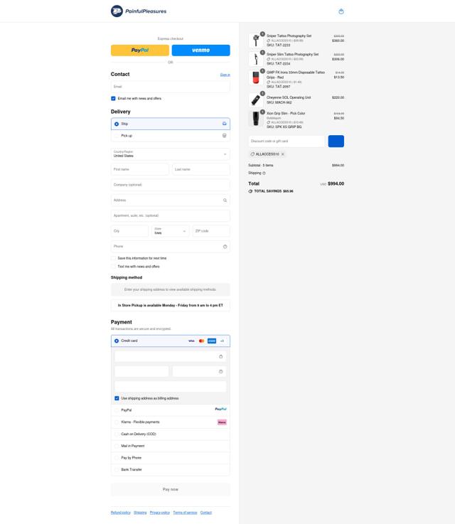 Painful Pleasures checkout page showing Painful Pleasures discount code box | Screenshot taken by SimplyCodes community member on Sep 14, 2025