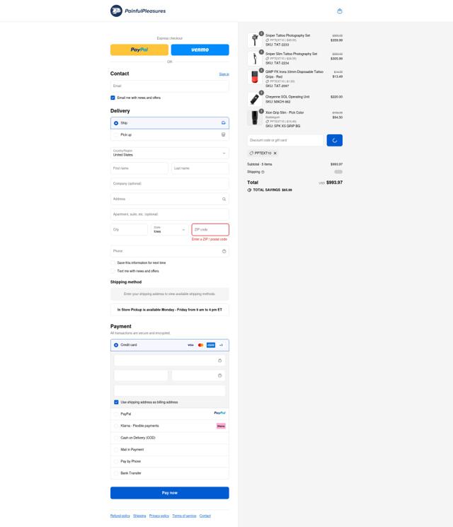 Painful Pleasures checkout page showing Painful Pleasures discount code box | Screenshot taken by SimplyCodes community member on Sep 14, 2025