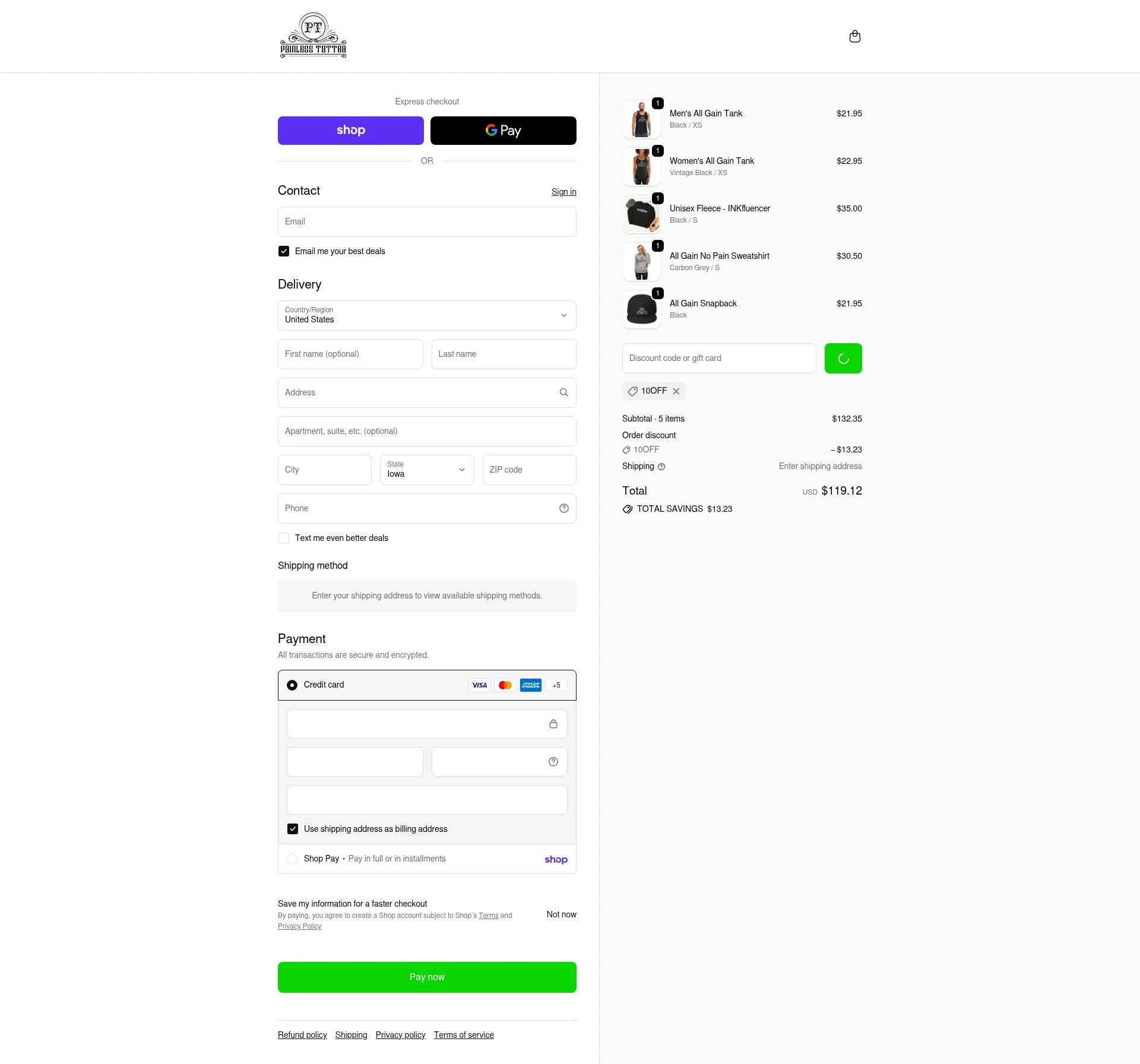 Painless Tattoo checkout page showing Painless Tattoo discount code box | Screenshot taken by SimplyCodes community member on Feb 19, 2026