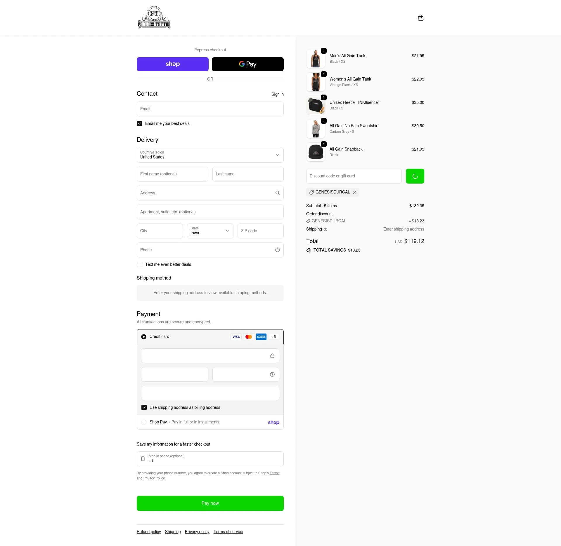 Painless Tattoo checkout page showing Painless Tattoo discount code box | Screenshot taken by SimplyCodes community member on Feb 19, 2026