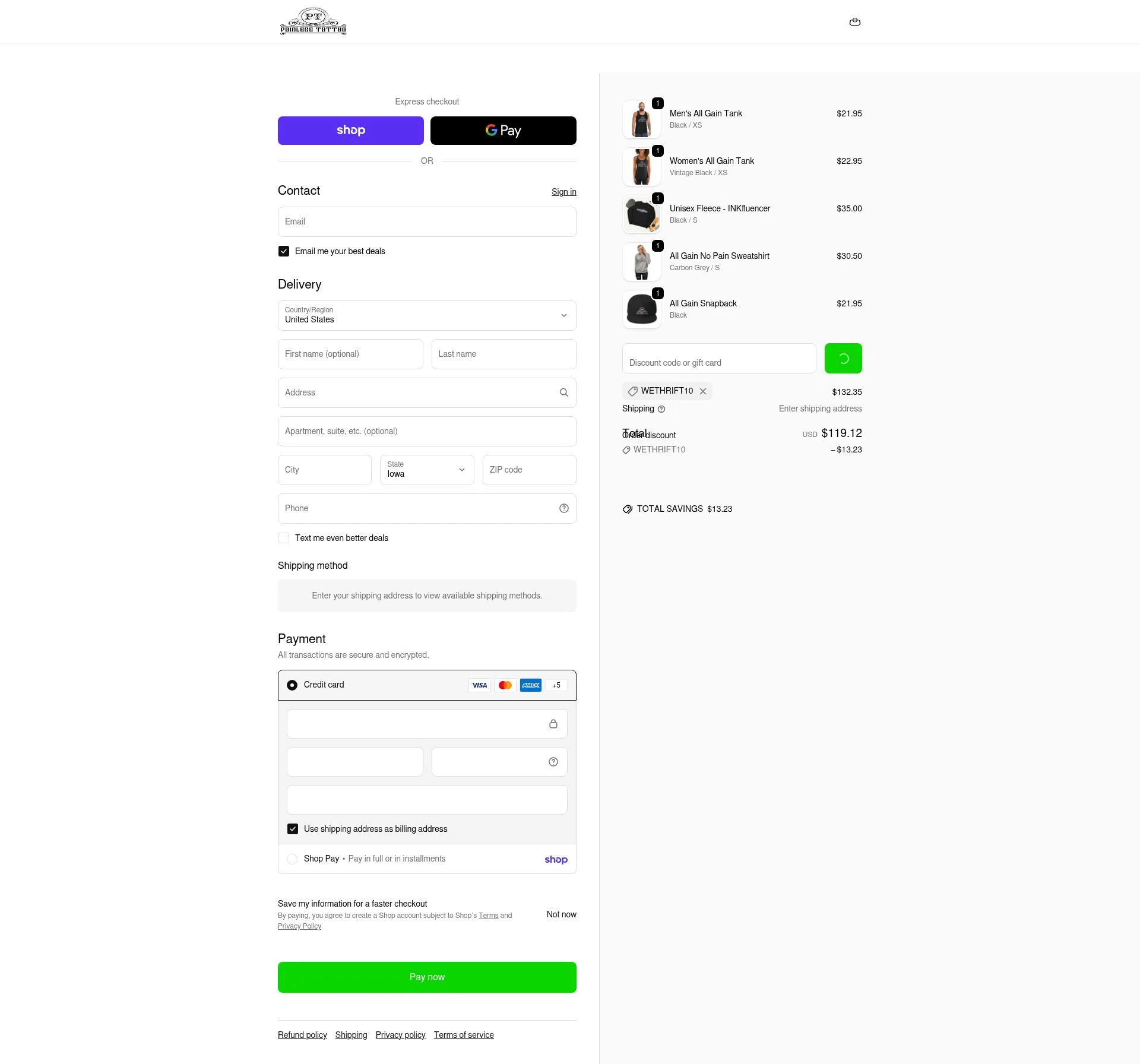 Painless Tattoo checkout page showing Painless Tattoo discount code box | Screenshot taken by SimplyCodes community member on Feb 19, 2026