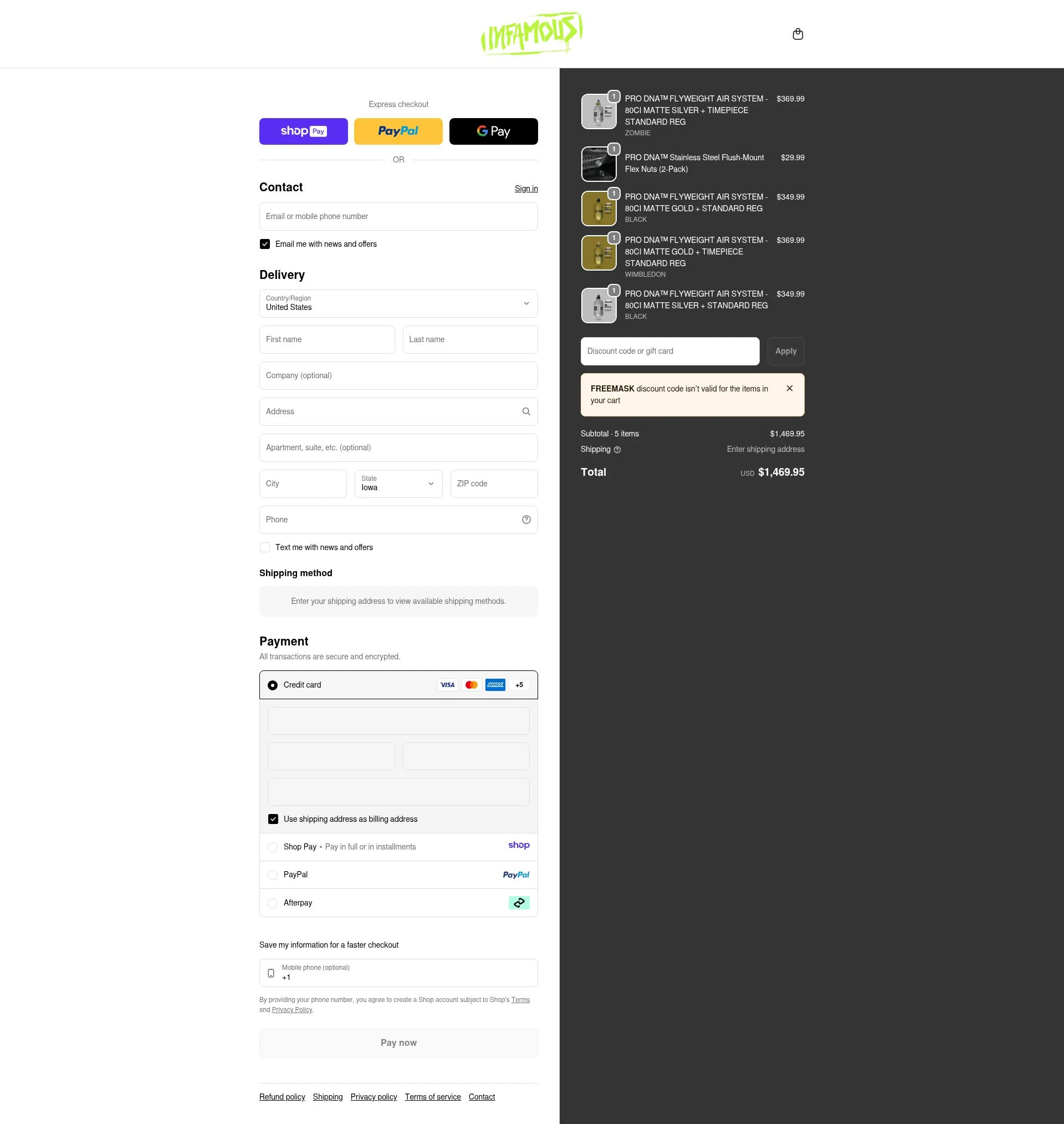 Infamous Paintball checkout page showing Infamous Paintball discount code box | Screenshot taken by SimplyCodes community member on Jan 11, 2026