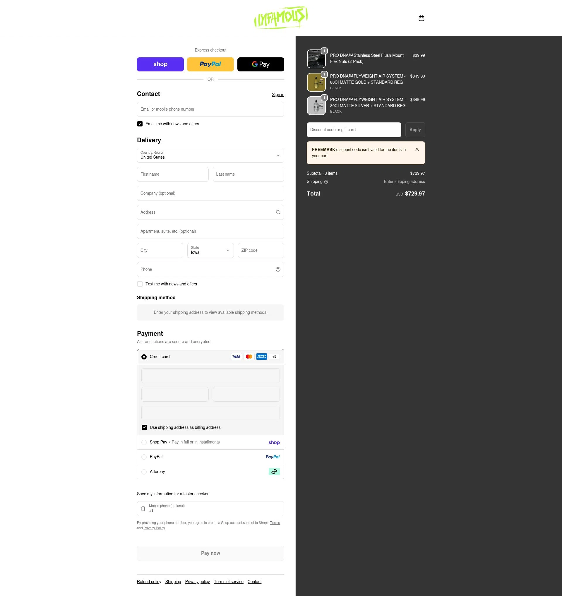 Infamous Paintball checkout page showing Infamous Paintball discount code box | Screenshot taken by SimplyCodes community member on Feb 4, 2026