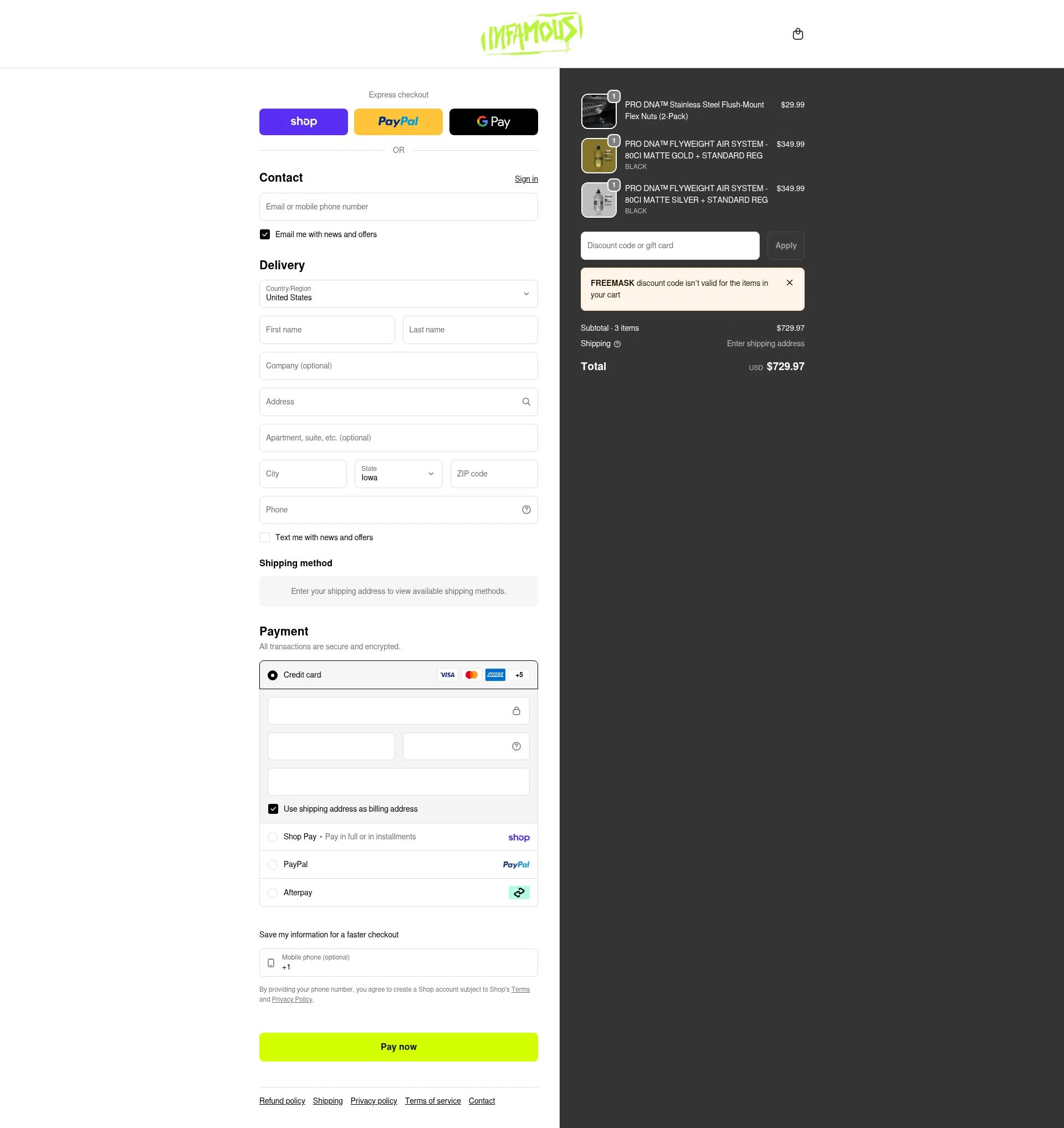 Infamous Paintball checkout page showing Infamous Paintball discount code box | Screenshot taken by SimplyCodes community member on Jan 30, 2026