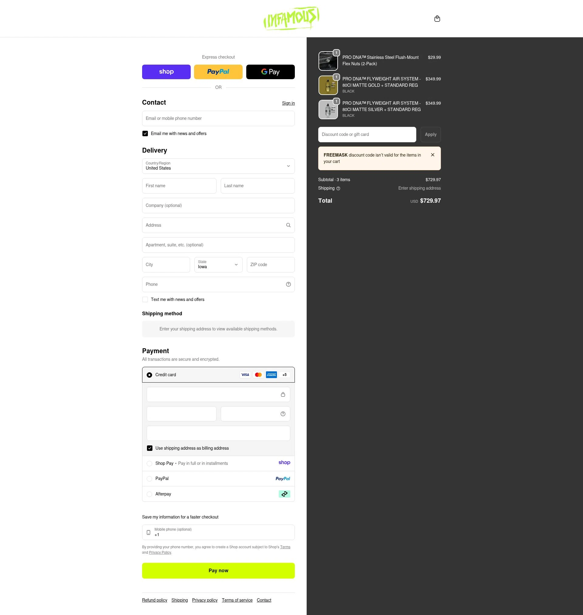 Infamous Paintball checkout page showing Infamous Paintball discount code box | Screenshot taken by SimplyCodes community member on Jan 16, 2026