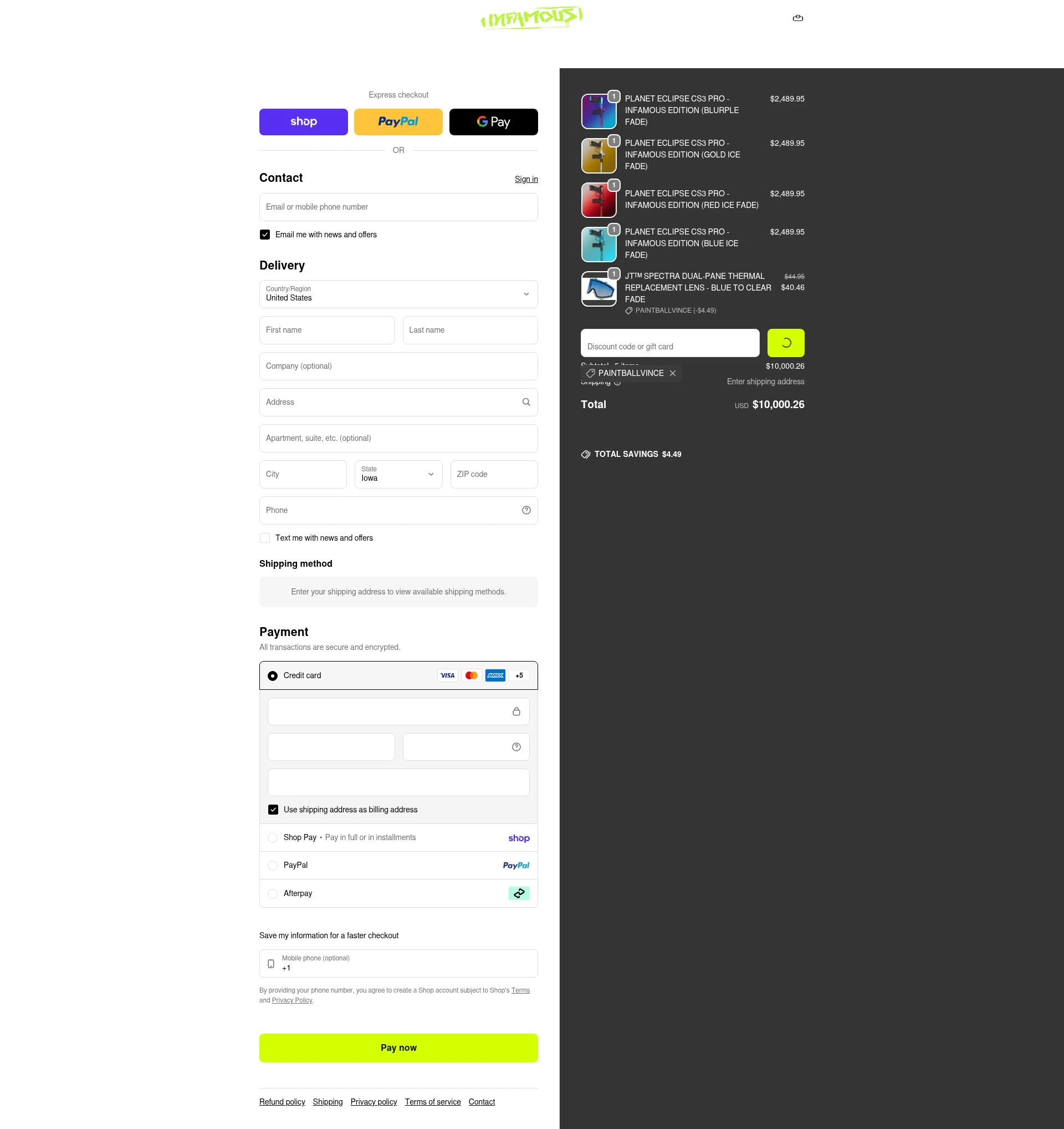 Infamous Paintball checkout page showing Infamous Paintball discount code box | Screenshot taken by SimplyCodes community member on Feb 8, 2026