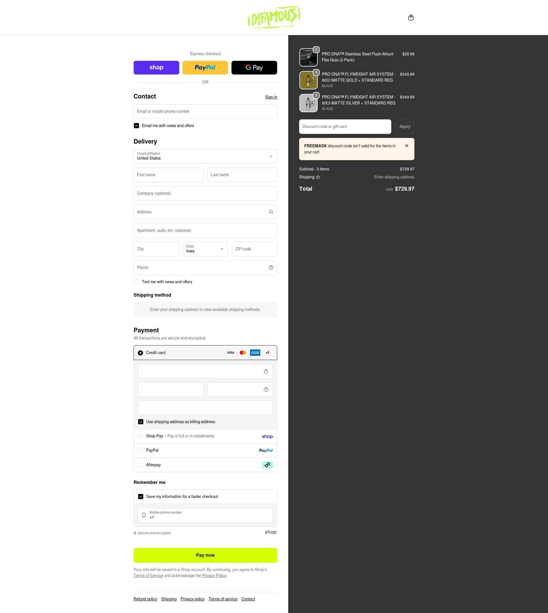 Infamous Paintball checkout page showing Infamous Paintball discount code box | Screenshot taken by SimplyCodes community member on Jan 21, 2026