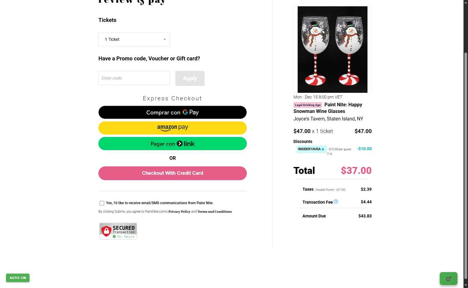 Paint Nite checkout page showing Paint Nite promo code box | Screenshot taken by SimplyCodes community member on Nov 19, 2025